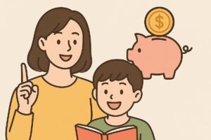 엄마와 아들이 돼지 저금통과 책을 들고 교육비 절약을 이야기하는 일러스트