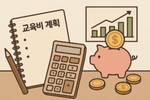 계산기와 돼지 저금통, 교육비 계획 노트와 그래프가 함께 있는 재정 계획 일러스트