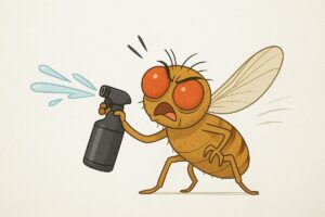 초파리 없애는 법, 분무기를 들고 물을 뿜는 초파리 캐릭터의 유쾌한 만화 스타일